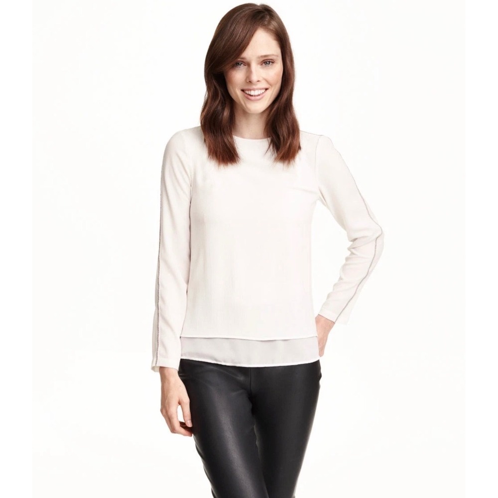 H&M Blouse White Beaded Sleeve Layered Crepe Top Dressy Work Career Women Sz 10